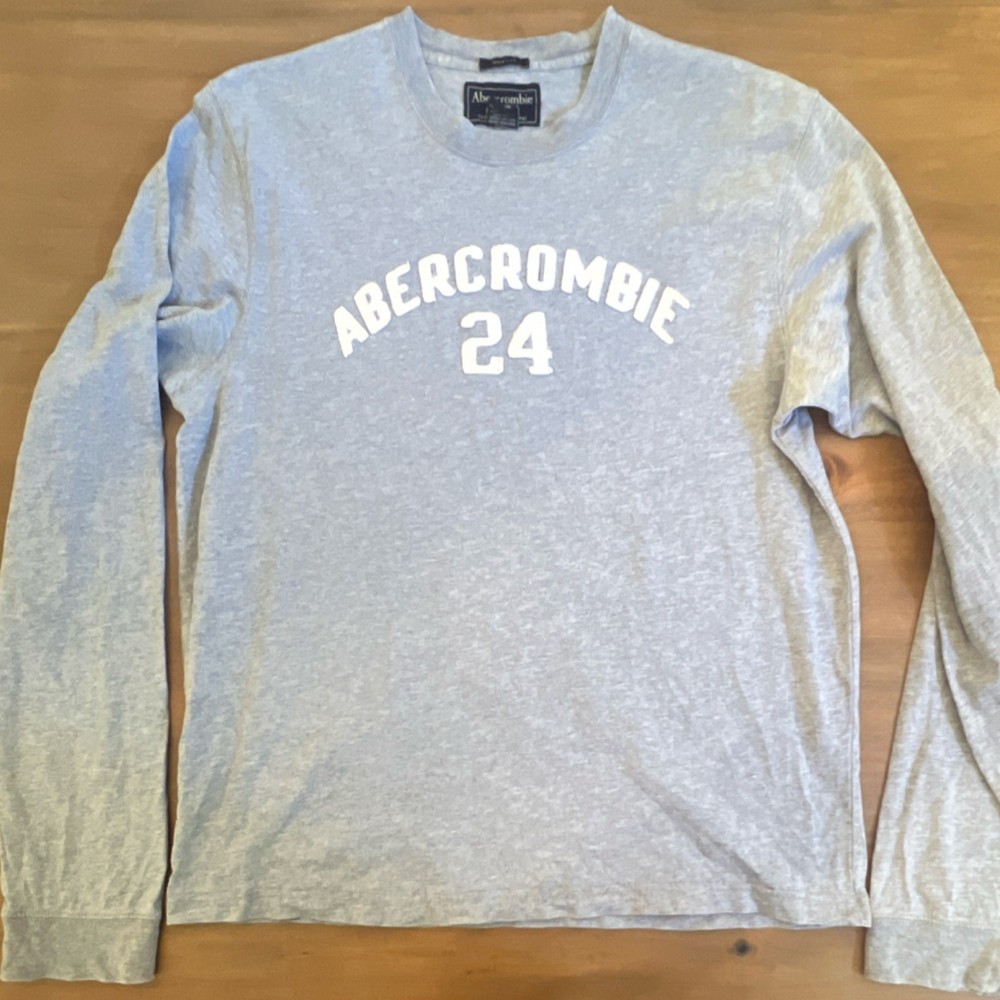 Vintage Y2K Abercrombie & Fitch Men's L Gray Long Sleeve Crew Neck Logo T-Shirt