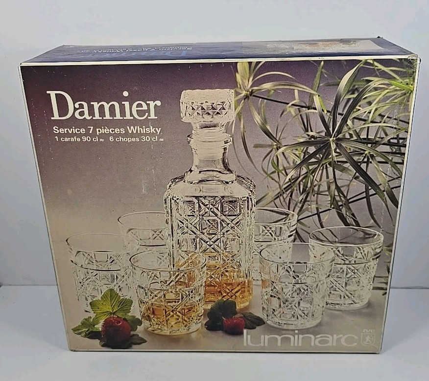 Vintage Luminarc Damier 7-Piece Whiskey Set with Glasses and Decanter New in Box