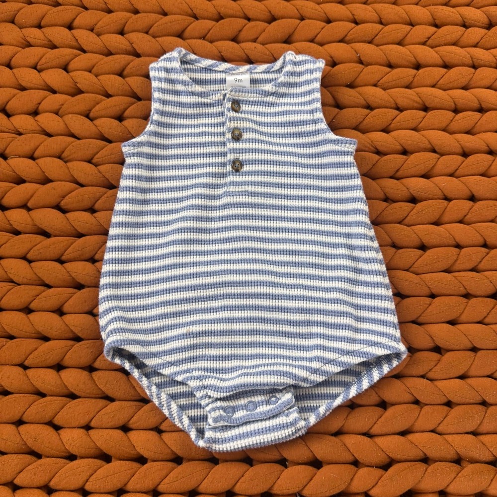 Carter's Blue White Stripe Ribbed Bubble Romper Baby Boy 9 Months Buttons