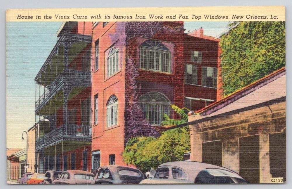 1955 New Orleans LA Vieux Carre Iron Work Fan Top Windows Linen Postcard