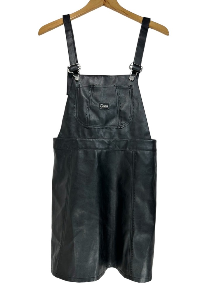 VTG Guess Overalls Mini Dress Women 11 Black Vegan Leather Classic Retro