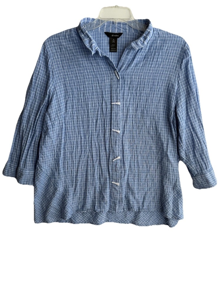 Ali Miles Blue Grid Print Button Front Tunic Top Womens Size XL Artsy Lagenlook
