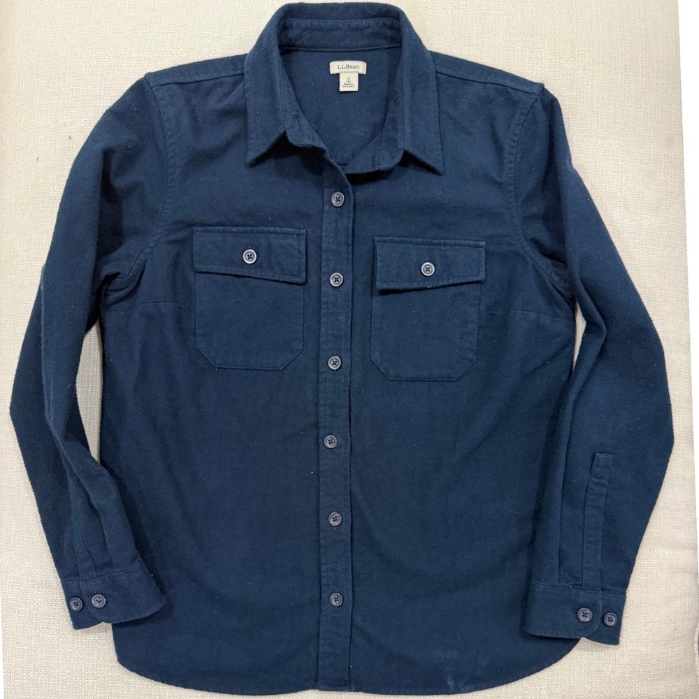 LL Bean Flannel Shirt Womens S Small Petite Navy Blue Button Down Excellent