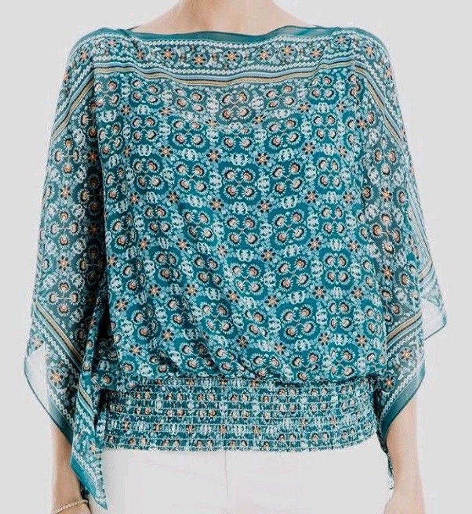 Max Studio Women's Georgette Poncho Blouse Split Sleeve Smocked Waist Size S NEW