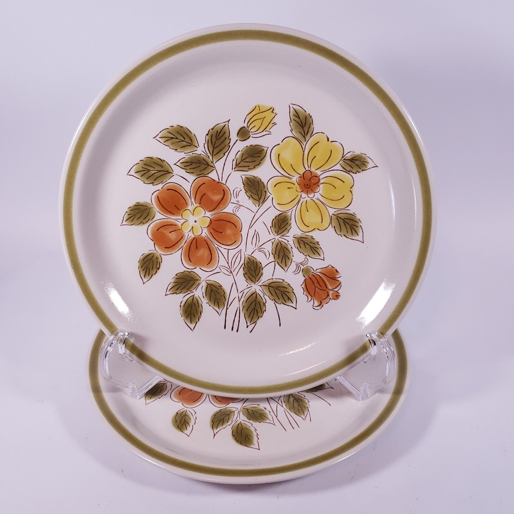 Vintage Retro WILD FLOWER Orange Yellow Stoneware Japan DINNER PLATE SET
