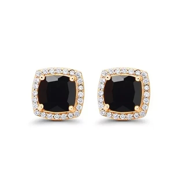 Cushion Cut Simulated Black Diamond Women's Christmas Stud 14KYellow Gold Plated