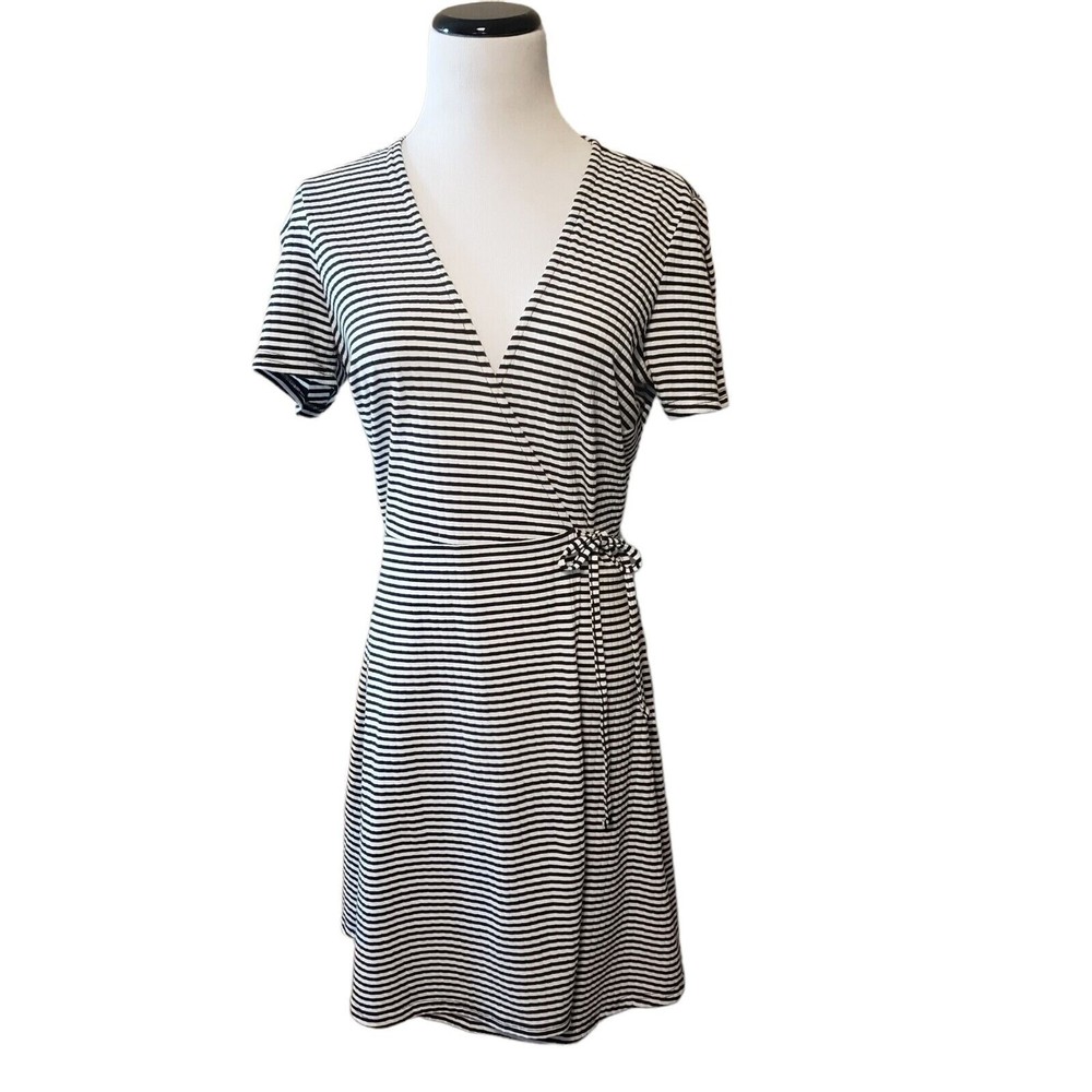 Topshop Black White Stripe Wrap Dress fit & flare short sleeve stretch size 6