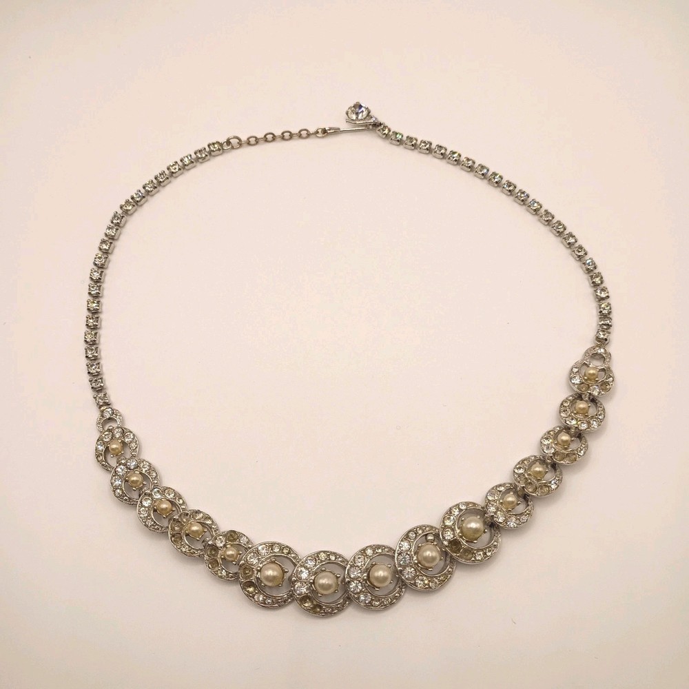 Vintage Faux Pearl Rhinestone Necklace Choker Silver Tone READ 16