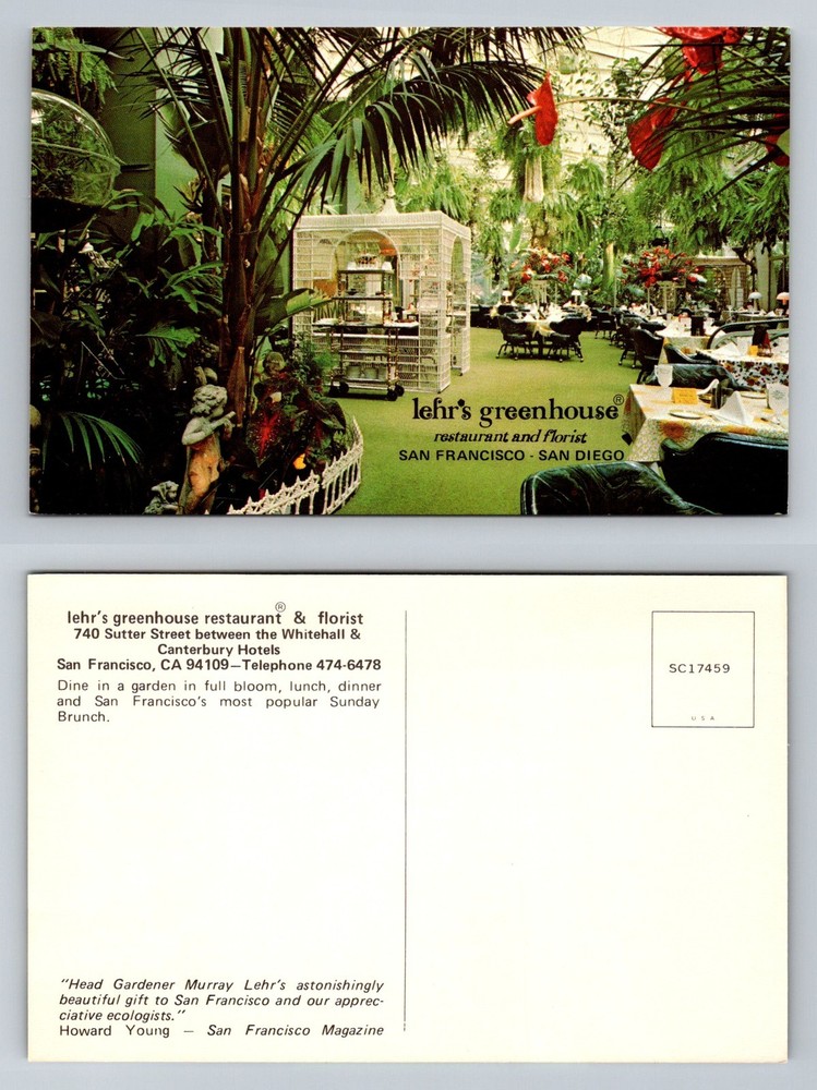 San Francisco CA-California Lehrs Greenhouse Restaurant Florist Vintage Postcard