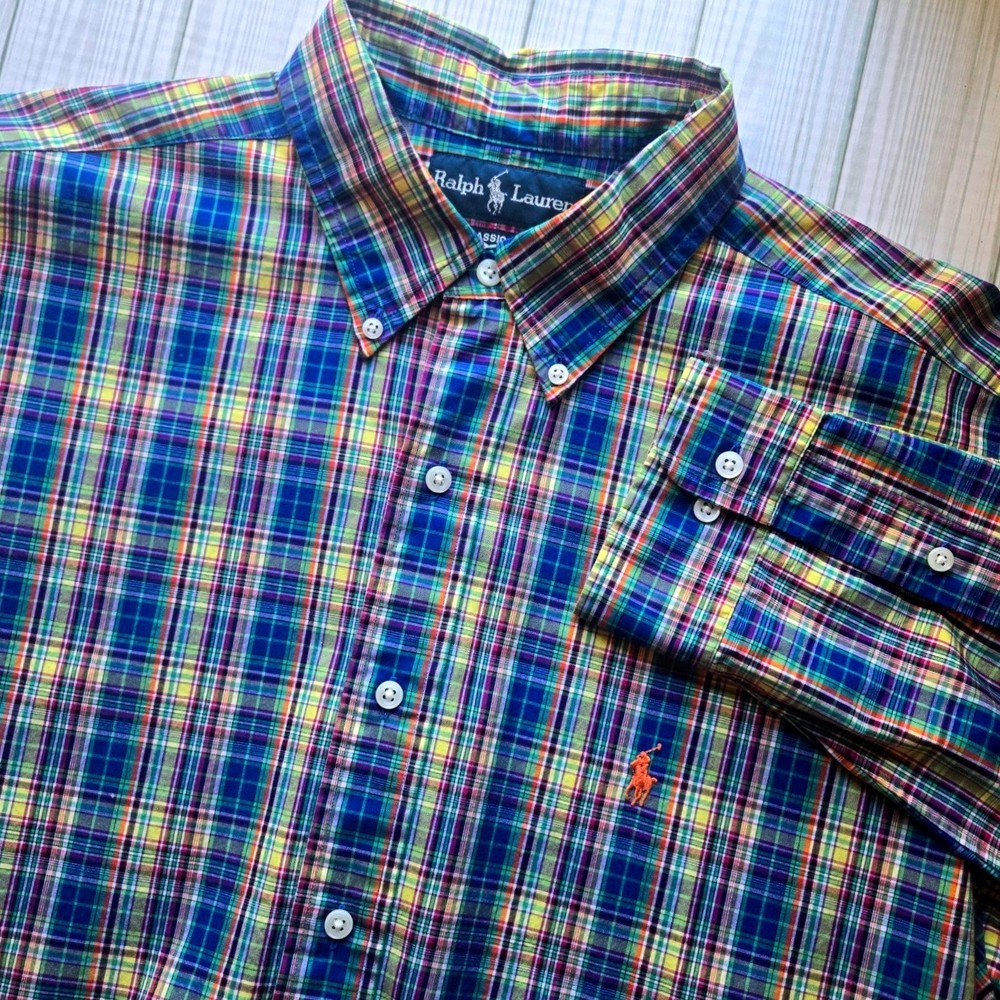 Ralph Lauren Classic Fit Plaid Button Down Shirt Mens Long Sleeve Large 16 1/2