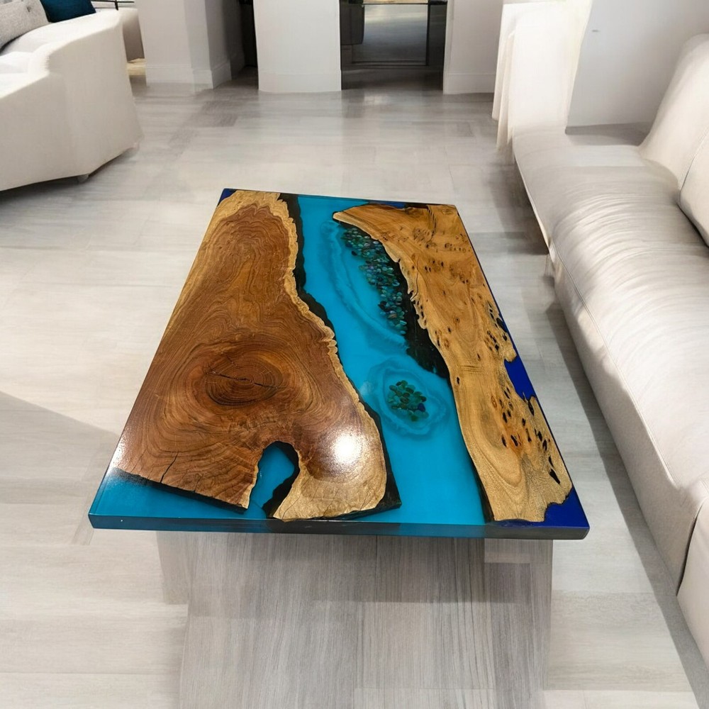 Epoxy Resin and Natural Wood Dining Table for Office or Conference Room Decor