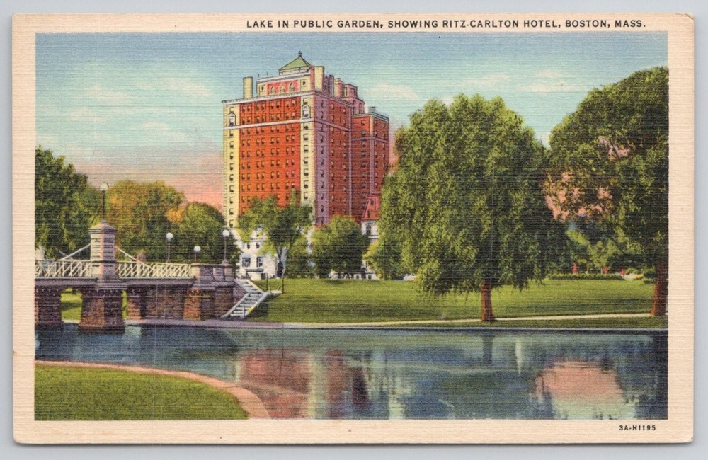 Boston Public Garden Lake Ritz-Carlton Hotel Curteich Linen Postcard 1930s