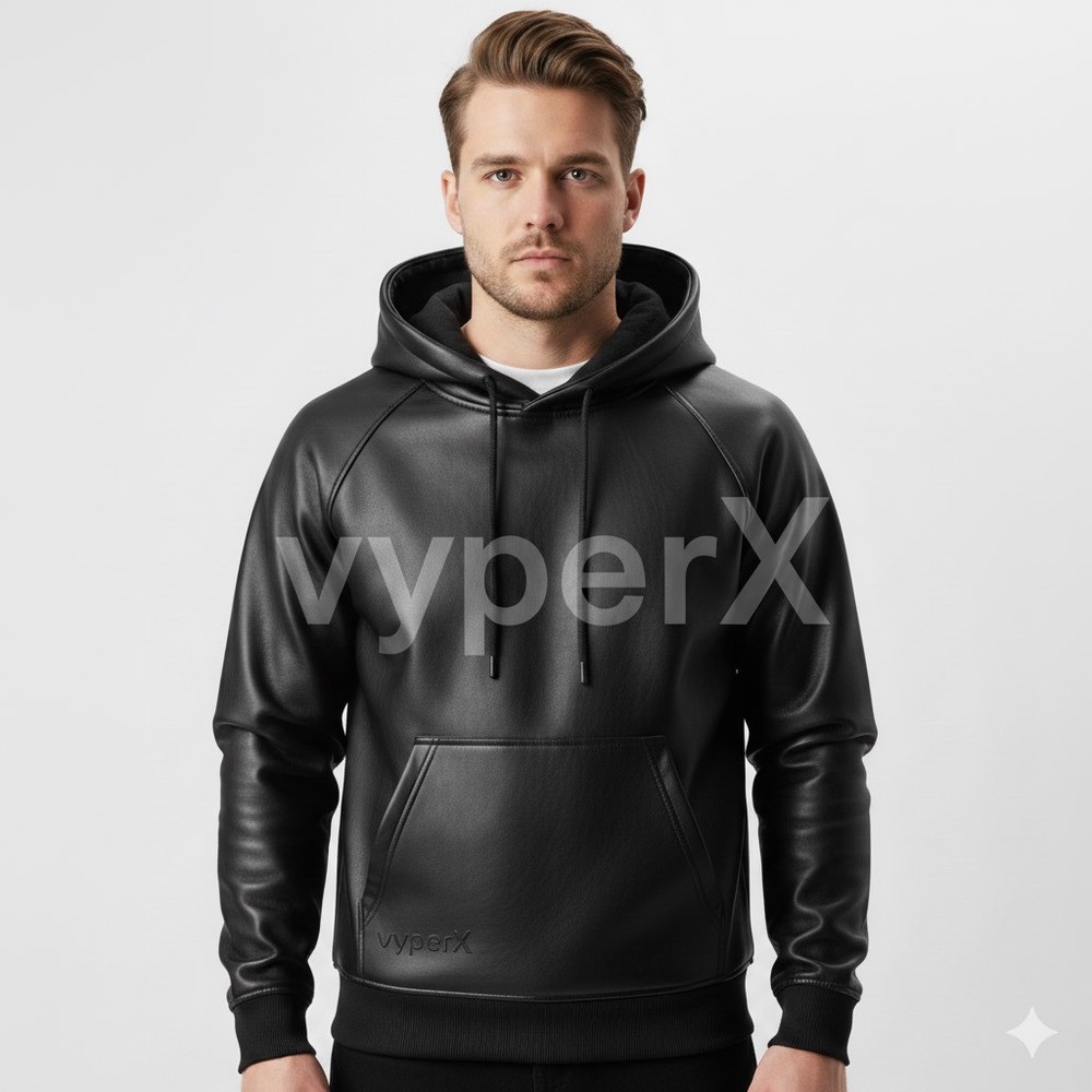 Men’s Black Leather Hoodie – Handmade, Genuine Lambskin Jacket