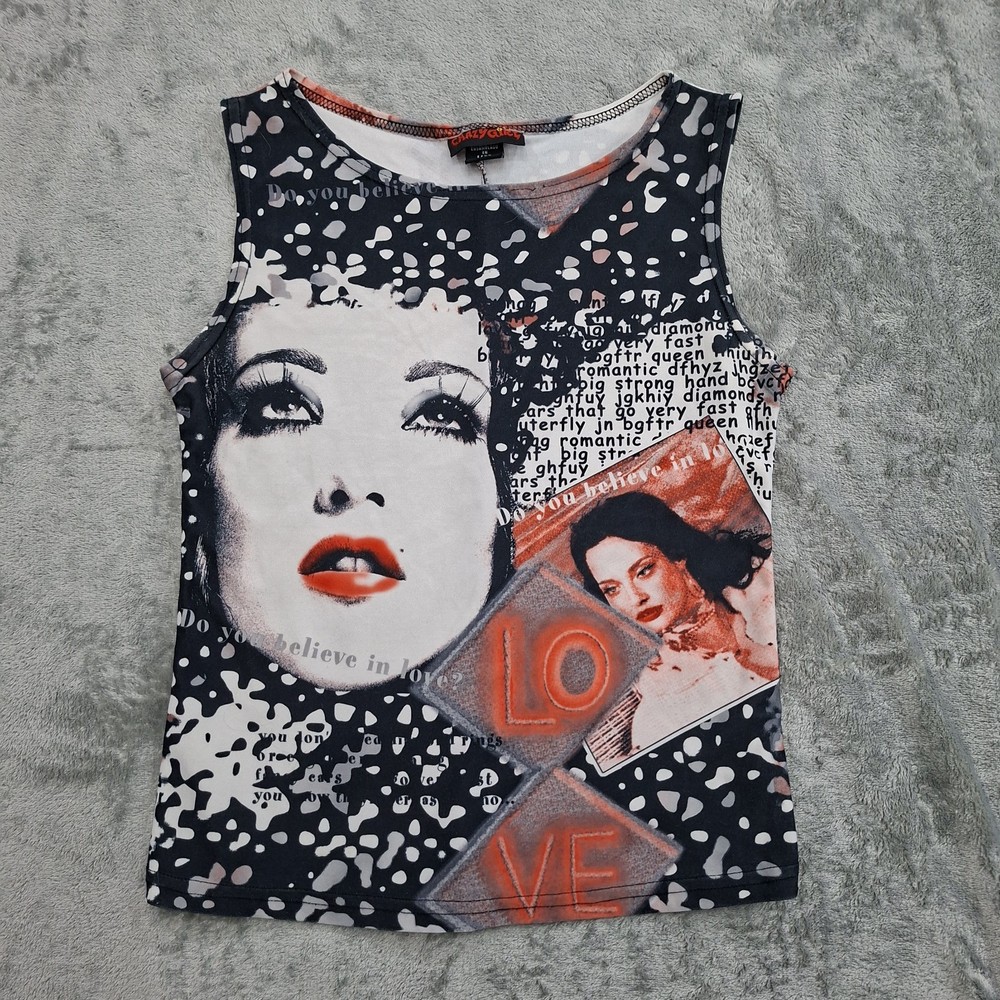 Y2k Abstract Face Graphic Print Short Sleeve Tunic Tank Top Size M Vamp Goth USA-image