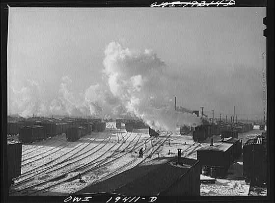 Photo:Chicago Illinois 1940s Railroad Yard Smoke Steam Yard View