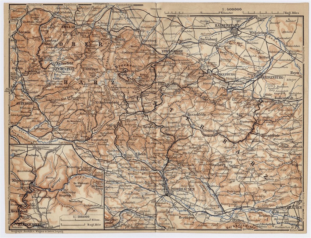 1910 Original Antique Map Of Harz Mountains Brocken Halberstadt Goslar Germany