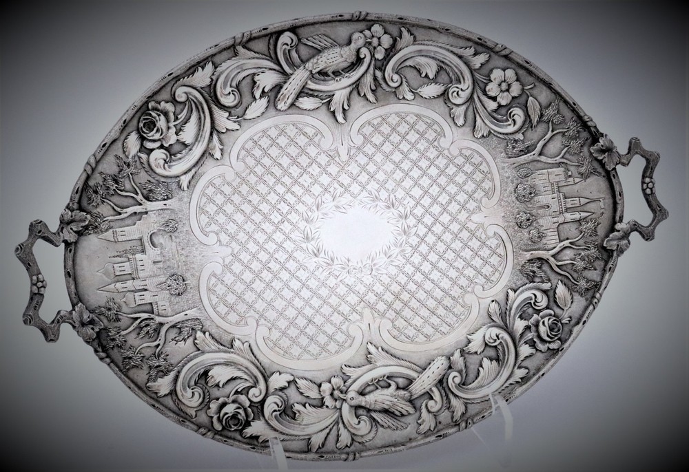 Loring Andrews Repousse Sterling Silver Castle Landscape Serving Tray