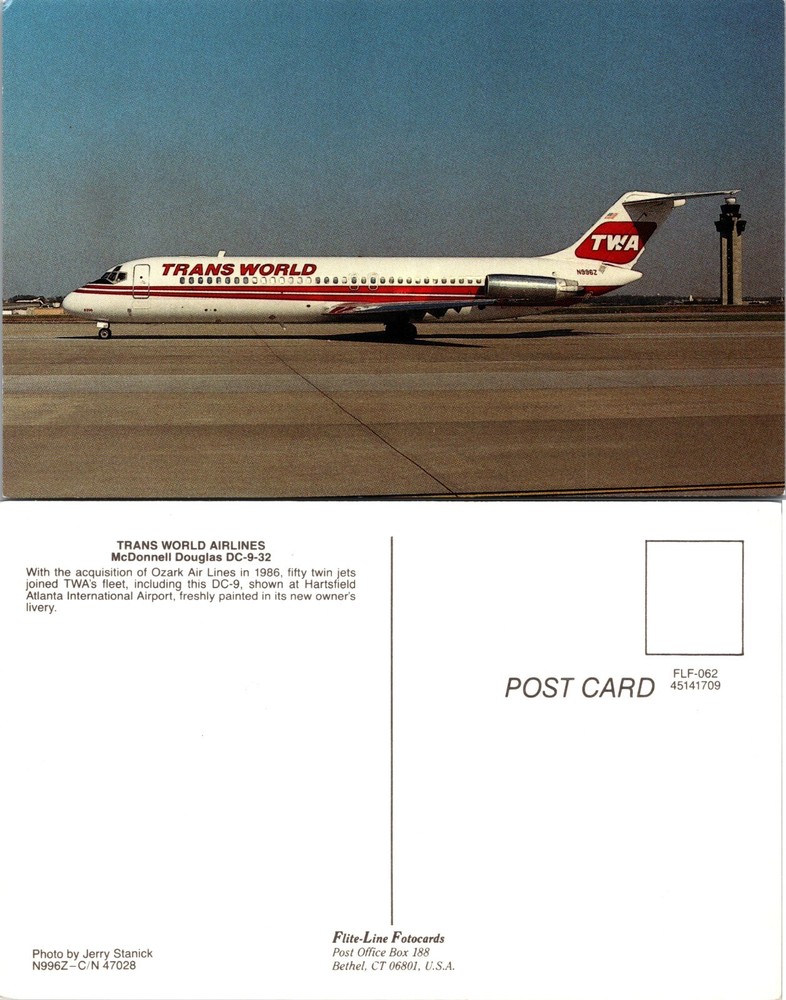 TWA McDonnell Douglas DC9 Jet Trans World Airlines Postcard
