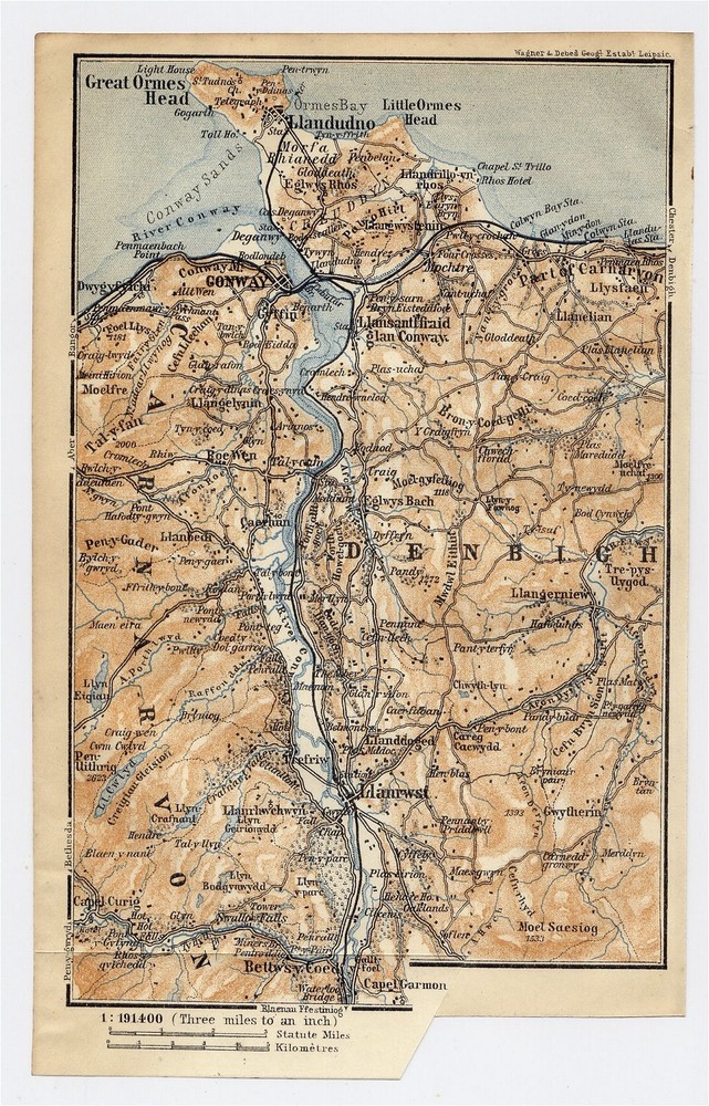 1910 Original Antique Map Vicinity Of Conway Conwy Denbigh Carnarvon/  Wales