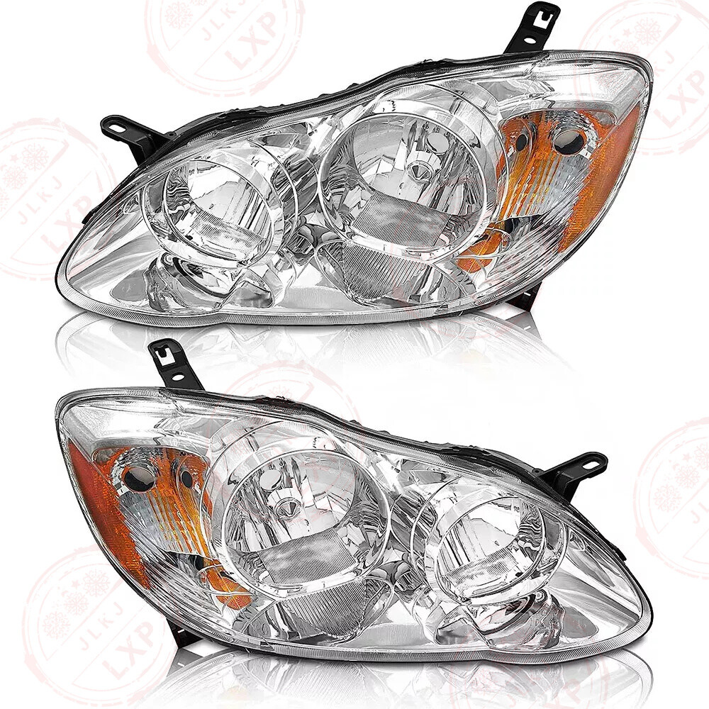 Pair Chrome Housing + Amber Headlights for 03-08 Toyota Corolla Sedan Halogen