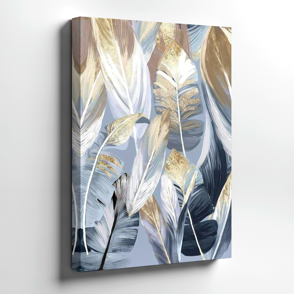 Wall Art Abstract Tropical Leaves Canvas Print Blue Gray Gold Botanical Decor