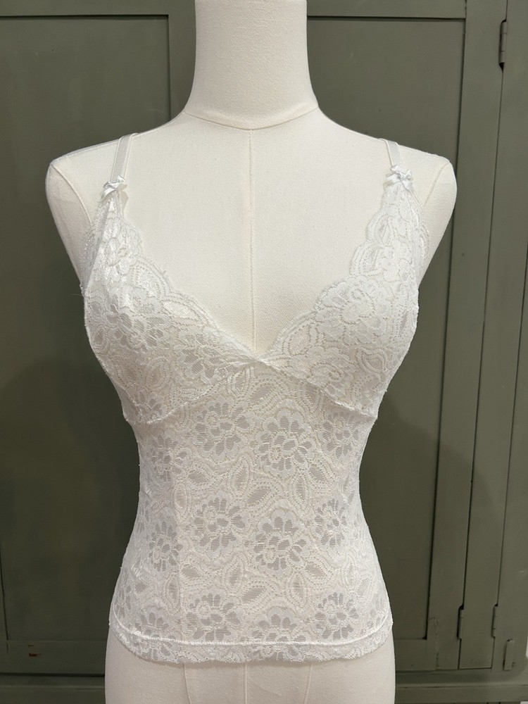 Y2K White Babydoll Cami Top Sheer Lace Size L Romantic Dainty Fairy Coquette