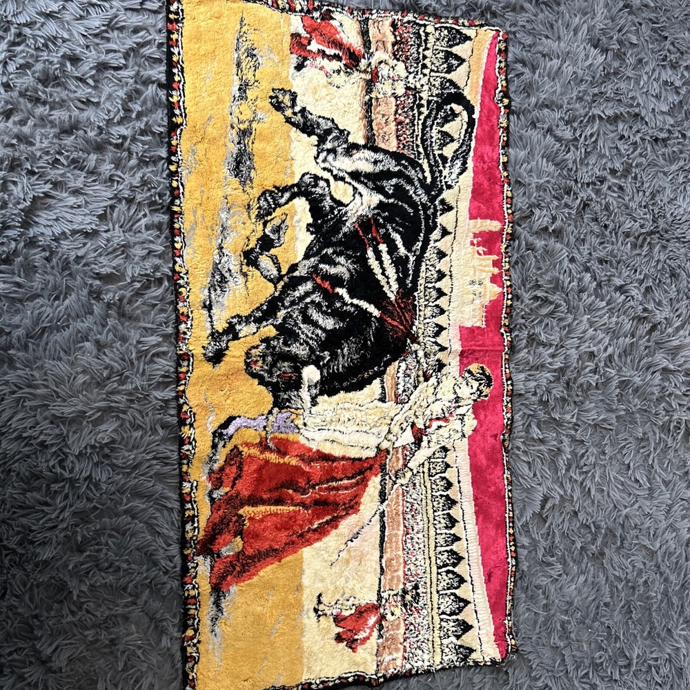 Matador Bull Fighting Tapestry Wall Hanging Rug 39” X 20 Vintage Red Black Gold
