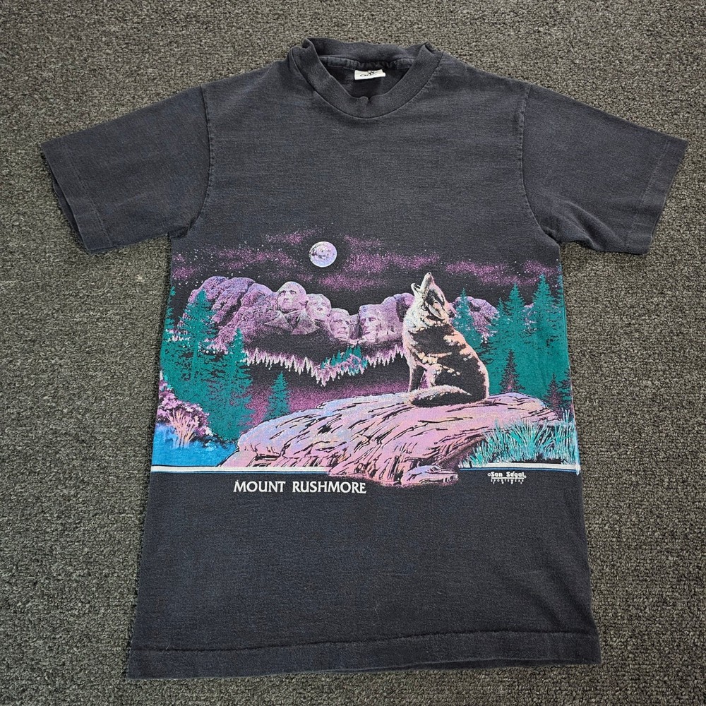 Vintage Mount Rushmore Wolf Nature Shirt Small Black AOP Single Stitch 90s Anvil