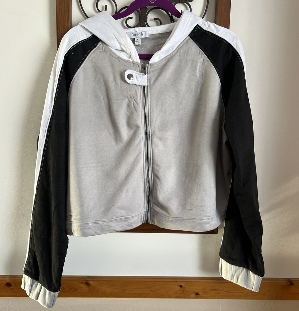 CHERFLY Women's Full Zip Crop Sweatshirt Hoodie Jacket Long Sleeve Size L 12-14
