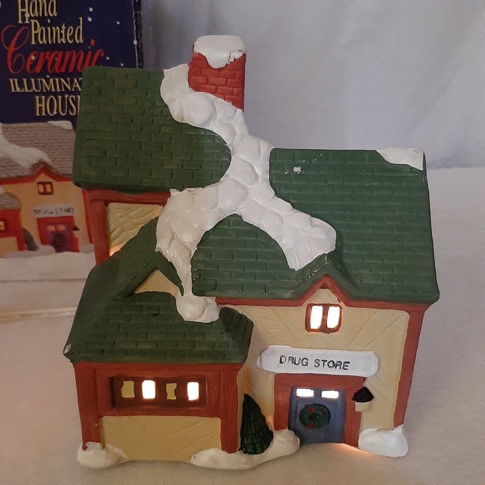 Christmas Hand Painted Liberty Bell Ceramic Illuminated House Village Drug Store