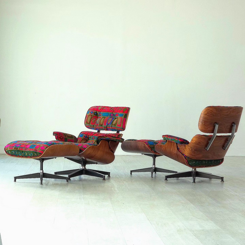 2nd Gen Herman Miller Eames Lounge Chairs In Vintage Jack Lenor Larson Velvet