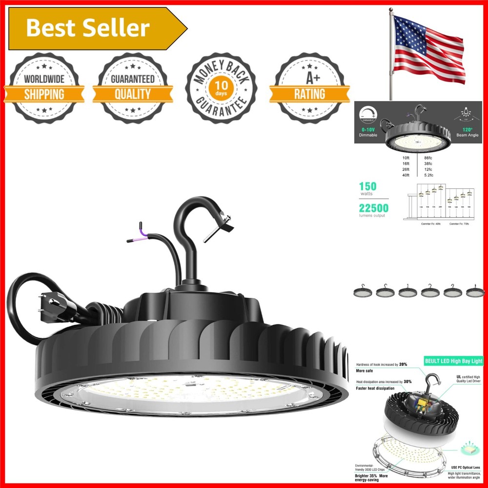 Dimmable 150W High Bay LED Light - 22,500lm, IP65 Waterproof UFO Fixture