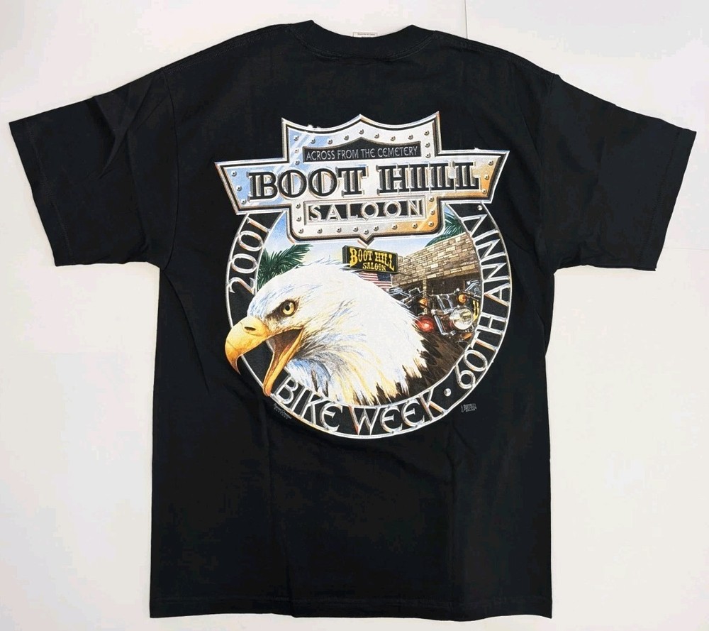 Vtg Y2K Bike Week Graphic T-Shirt Pocket Tee Boot Hill Saloon Black Daytona Sz L