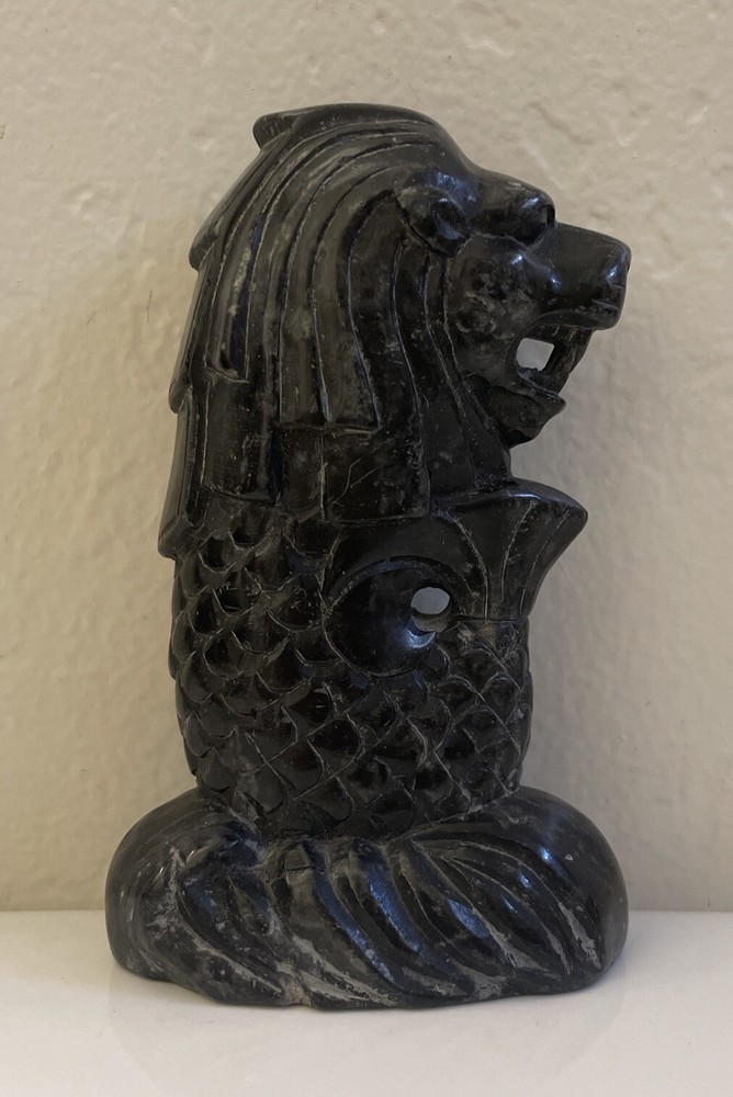 Vintage Merlion Hand Carved Black Stone Singapore Sea Lion Sculpture Figurine 5”