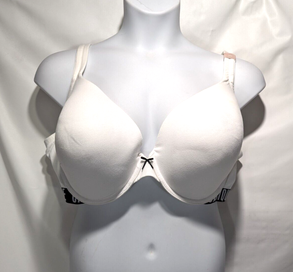 1264-NWOT Cacique Cotton Boost Plunge Padded Logo Band White Bra 50D
