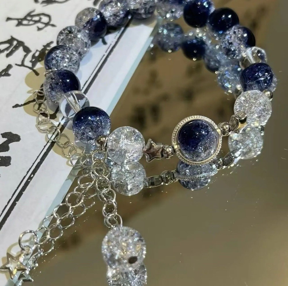 Starlit Night Bracelet with Dark Blue Crystal Beads and Galaxy Design