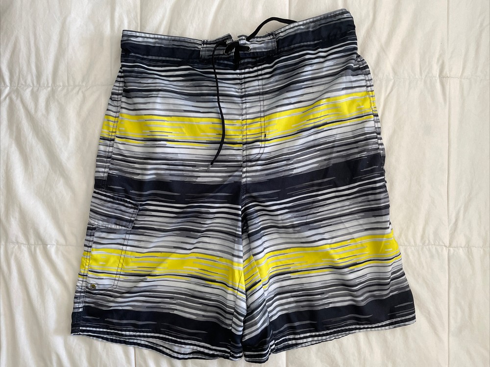 Route 66 Mens size Large Yellow Gray Striped Swim Trunks Board Shorts