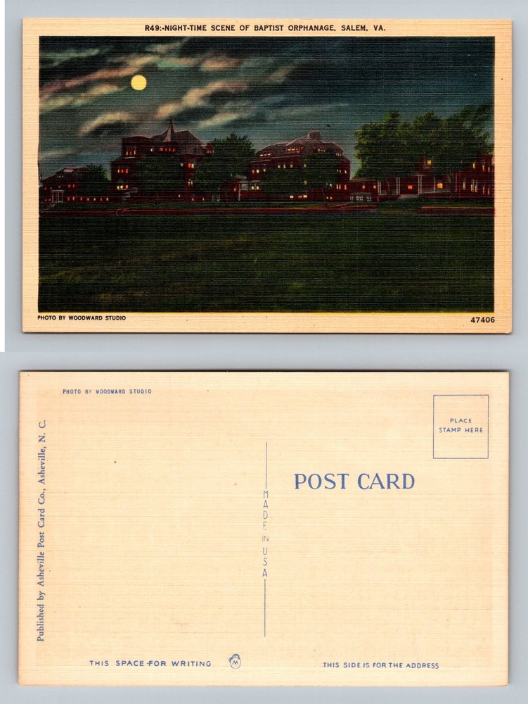 Salem, VA-Virginia, Baptist Orphanage Night Moonlight View Vintage Postcard