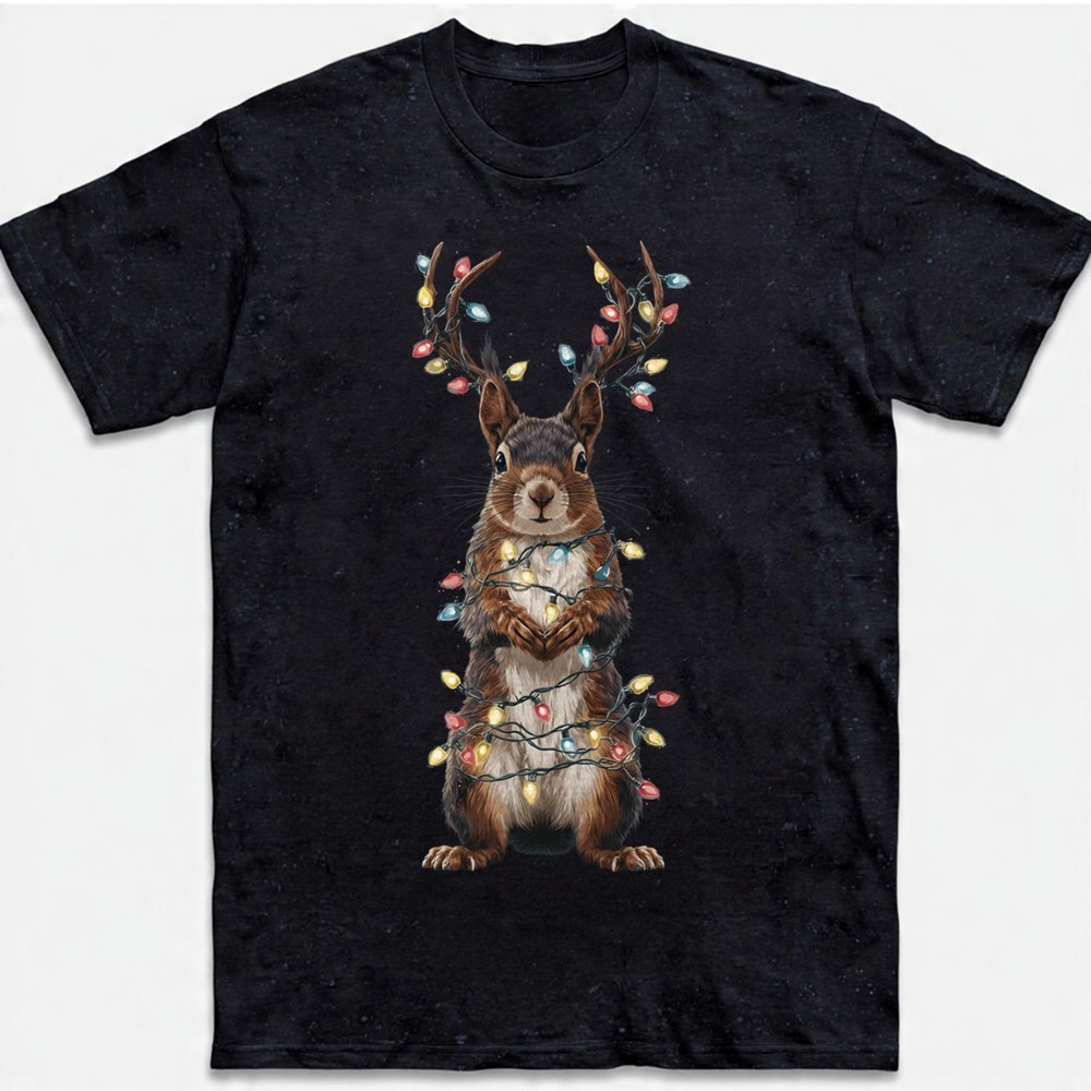 Cute Squirrel Christmas T-Shirt Reindeer Antlers Lights Woodland Sweatshirt