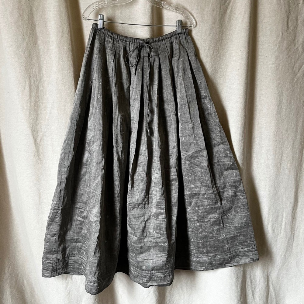Vintage Kar a Van Linen Maxi Skirt S Elastic Waist Embroidered Gray Summer