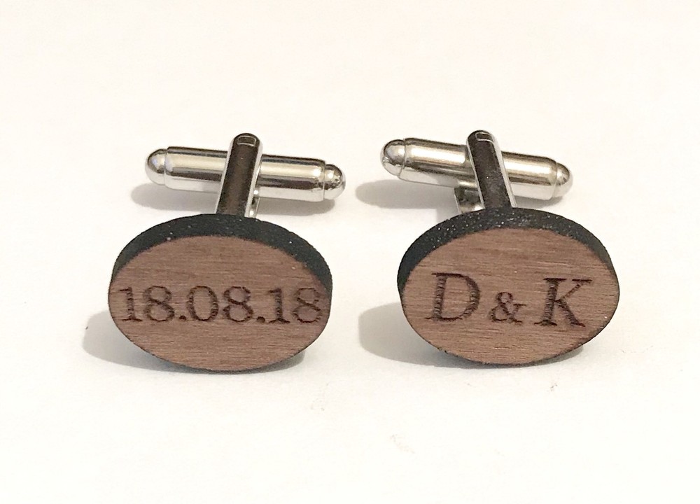 Personalised Cufflinks In Wood Engraved With Two Initials And Date Cambria Font