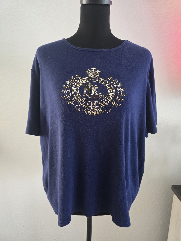Lauren Ralph Lauren Navy Blue Short Sleeve T-Shirt Rhinestone Crown Logo size 2X