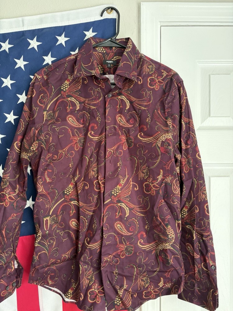 Express Men's Purple Paisley Woven Point Collar Long Sleeve Slim Button-Up S