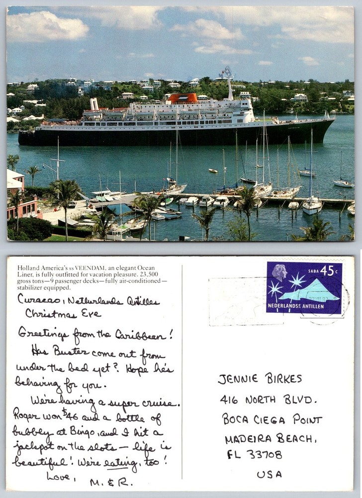 SS VEENDAM Holland America Cruise Ship Postcard 1992 Curacao Caribbean