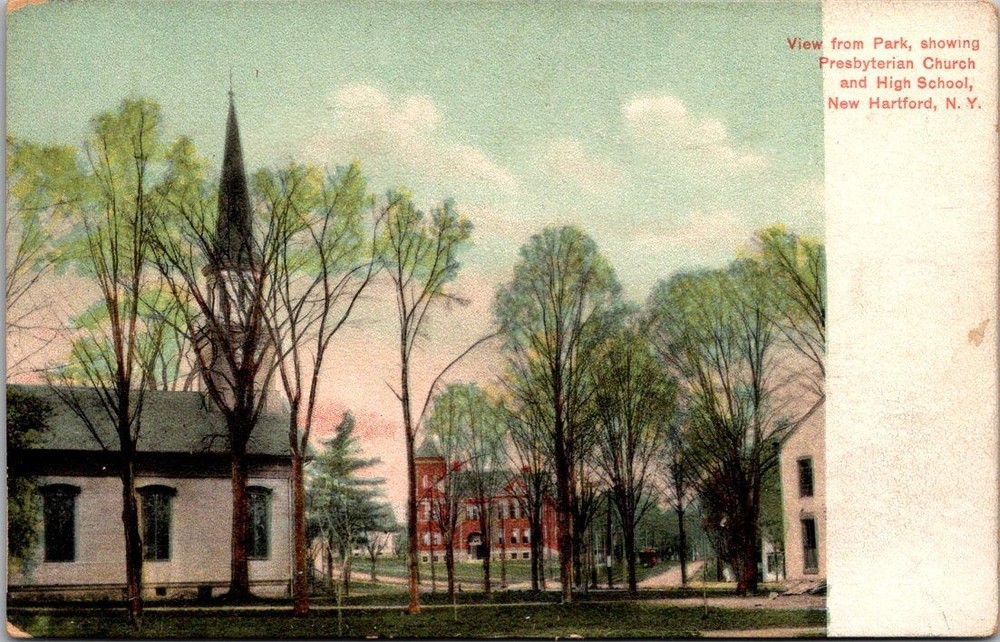 New Hartford NY Presbyterian Church High School LITHO-CHROME Postcard c1910