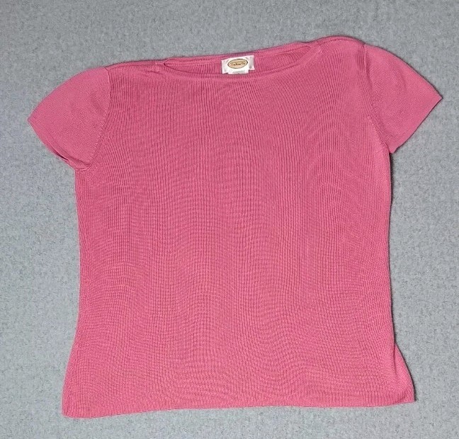 Talbots 100% Silk Short Sleeve Blouse Womens Size Small Pink Boat Neck Ribbed