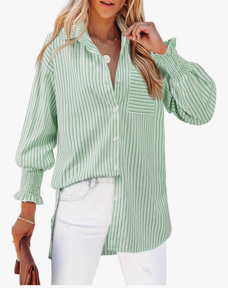 Womens Button Down Shirts Striped Smocked Cuff Long Sleeve Blouses with Pocket