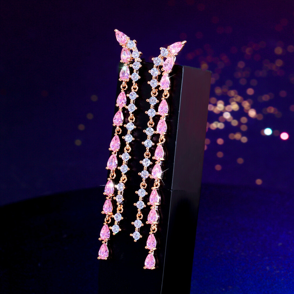 Pink Extra Long Ear Line Tassel Dangle Drop Earring Gold Plated CZ Women Jewelry