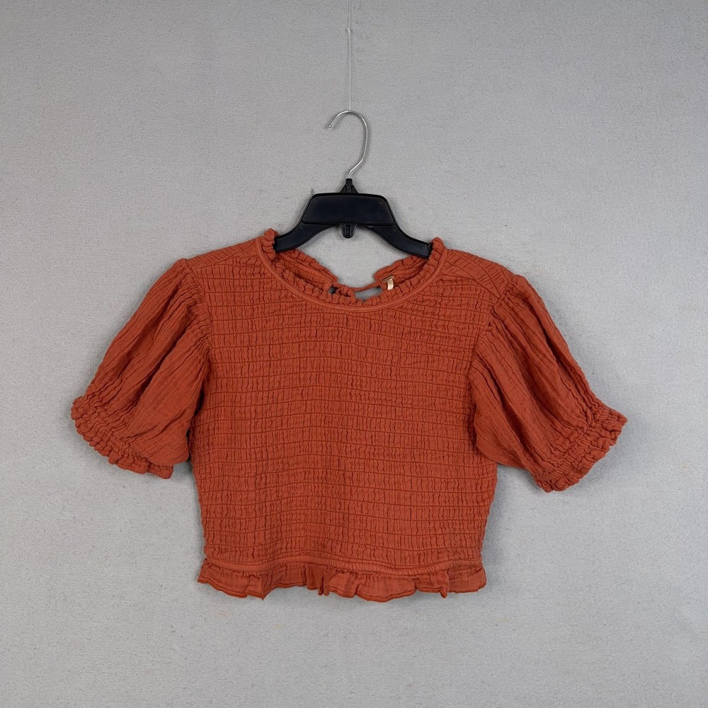 Free People Top Womens Large Orange Smocked Puff Sleeve Ruffle Hem Cropped Gauze