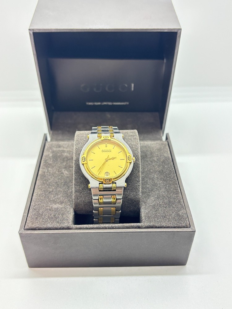 GUCCI 9000M Vintage Gold Silver Mens Watch Exc+5 Condition Working with Original Box